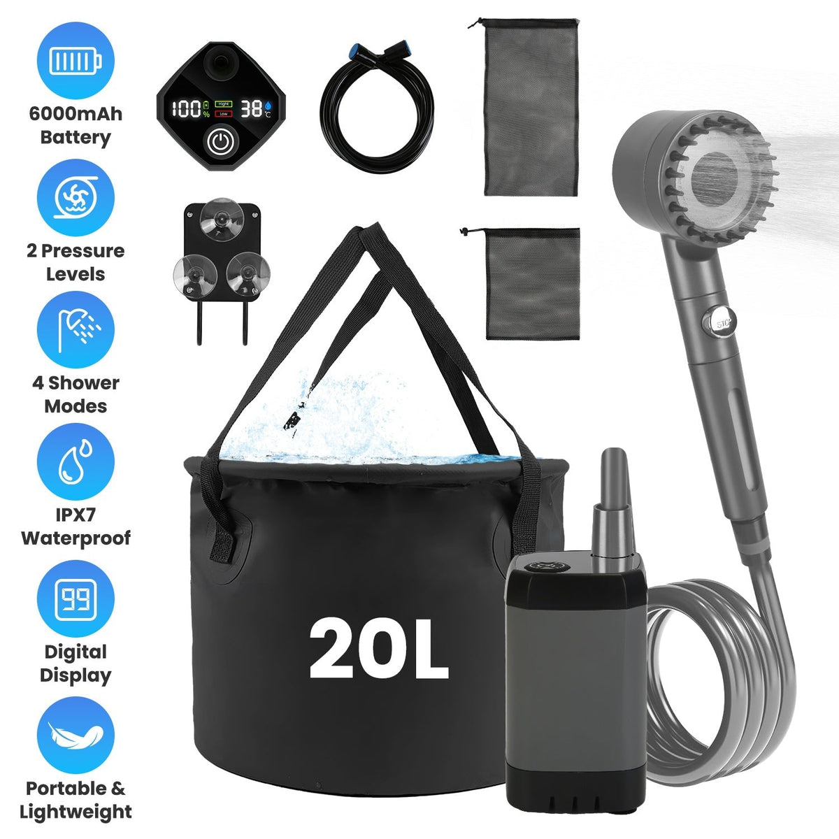 Portable Shower for Camping Include Waterproof Rechargeable Shower Pump