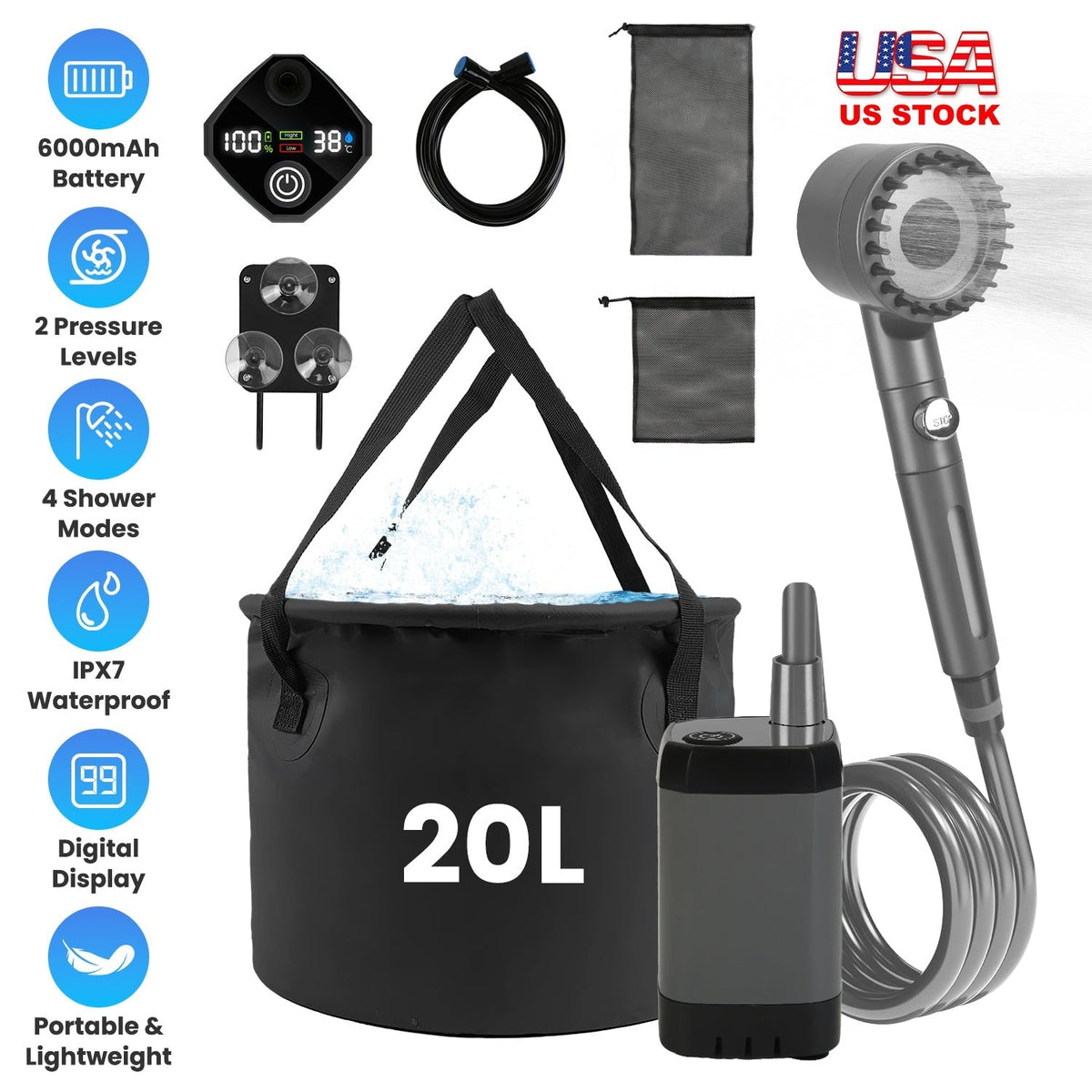 Portable Shower for Camping Include Waterproof Rechargeable Shower Pump