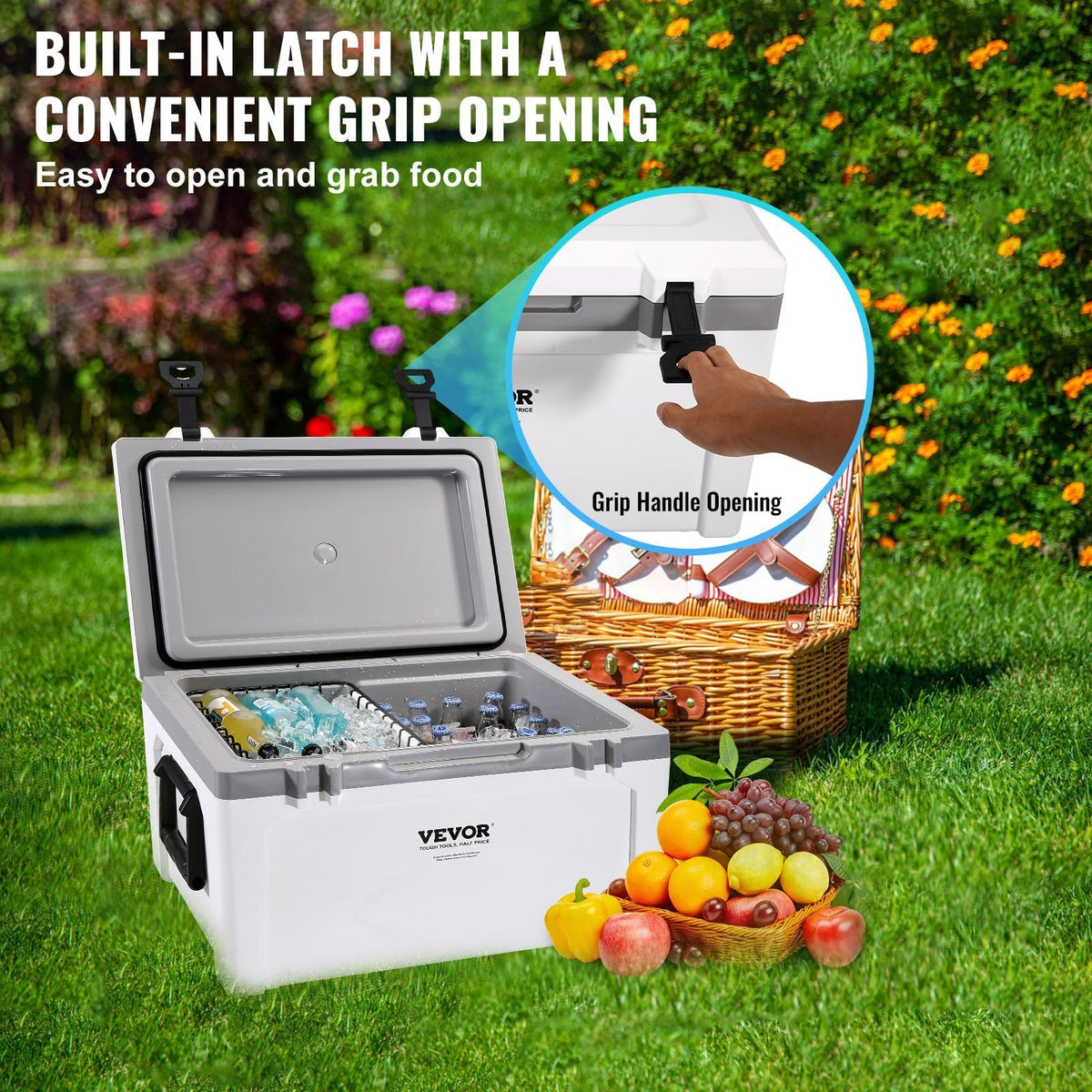 Insulated Portable Cooler, 52 qt, Holds 50 Cans, Ice Retention Hard Cooler with Heavy Duty Handle, Ice Chest Lunch Box for Camping, Beach, Picnic, Travel, Outdoor, Keeps Cool for up to 6 Days