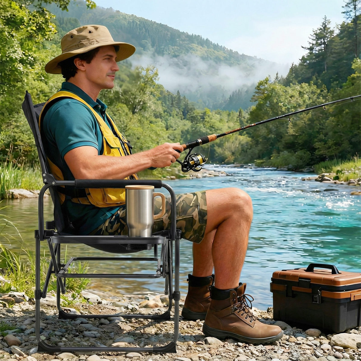 Folding Camping Chair with Side Table and Cup Holder with Carrying Bag