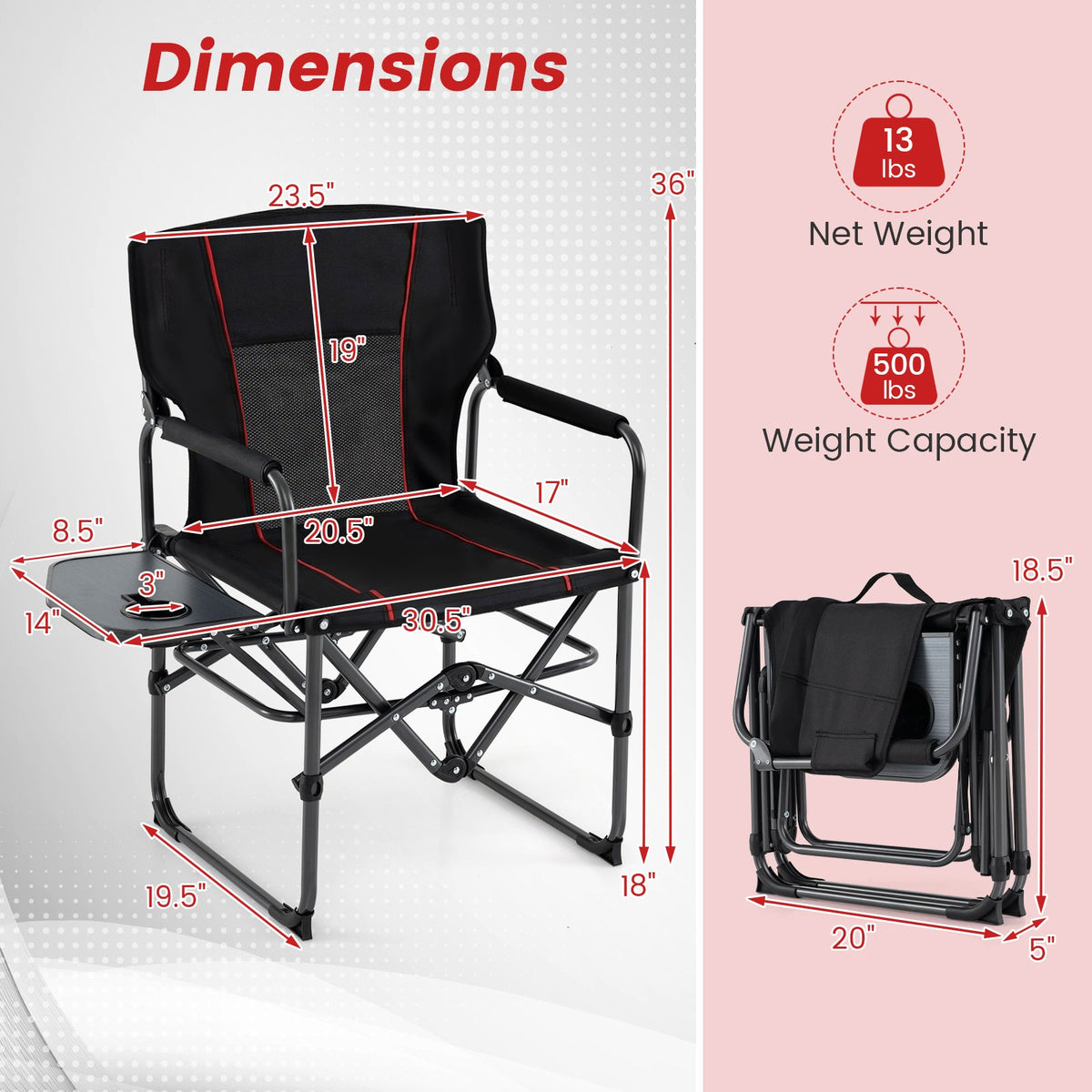 Folding Camping Chair with Side Table and Cup Holder