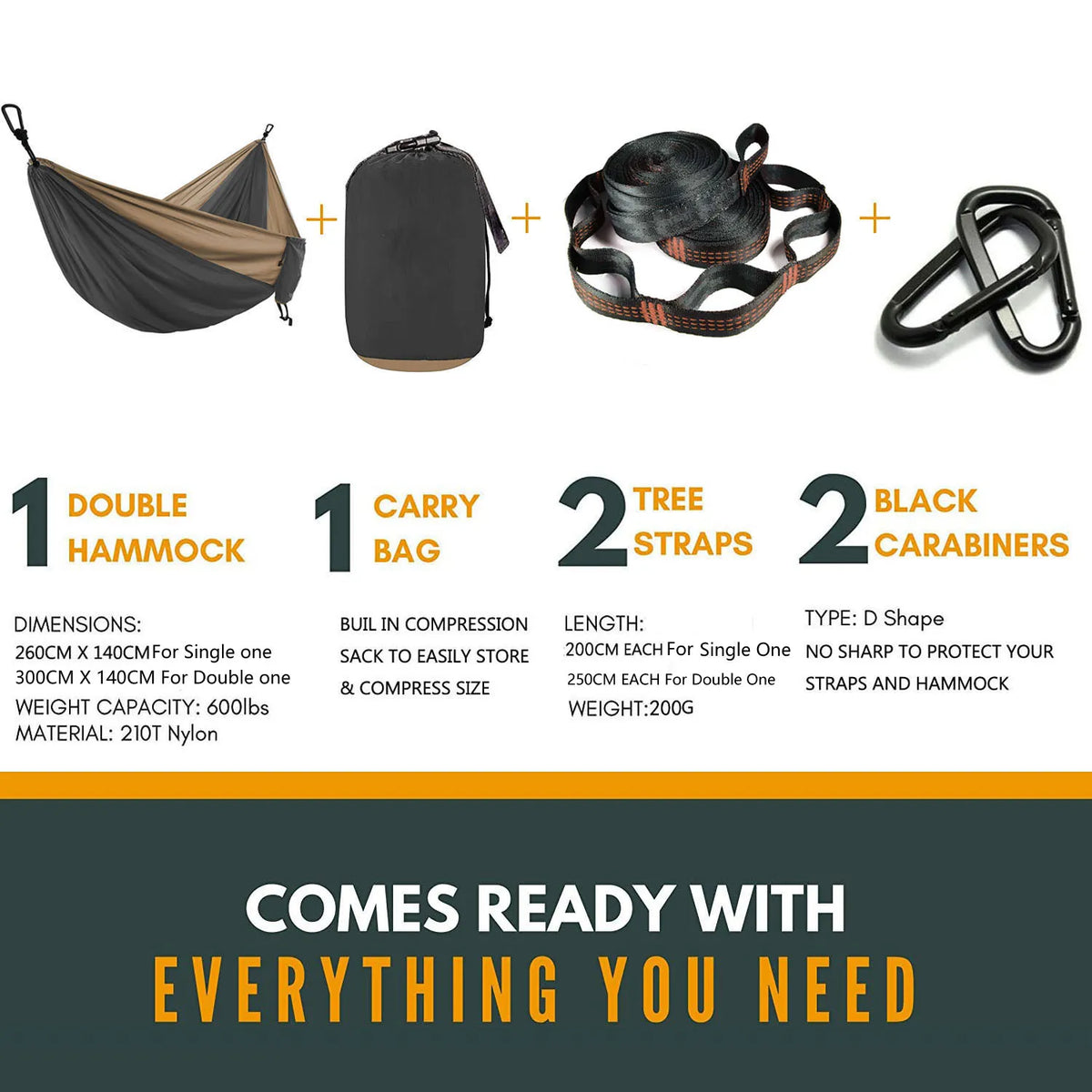 Solid Color Parachute Hammock with Hammock straps and Black carabiner Camping Survival travel Double Person outdoor furniture