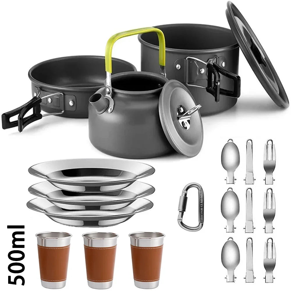 Complete Camping Kitchen Cookware Tableware & Teapot
