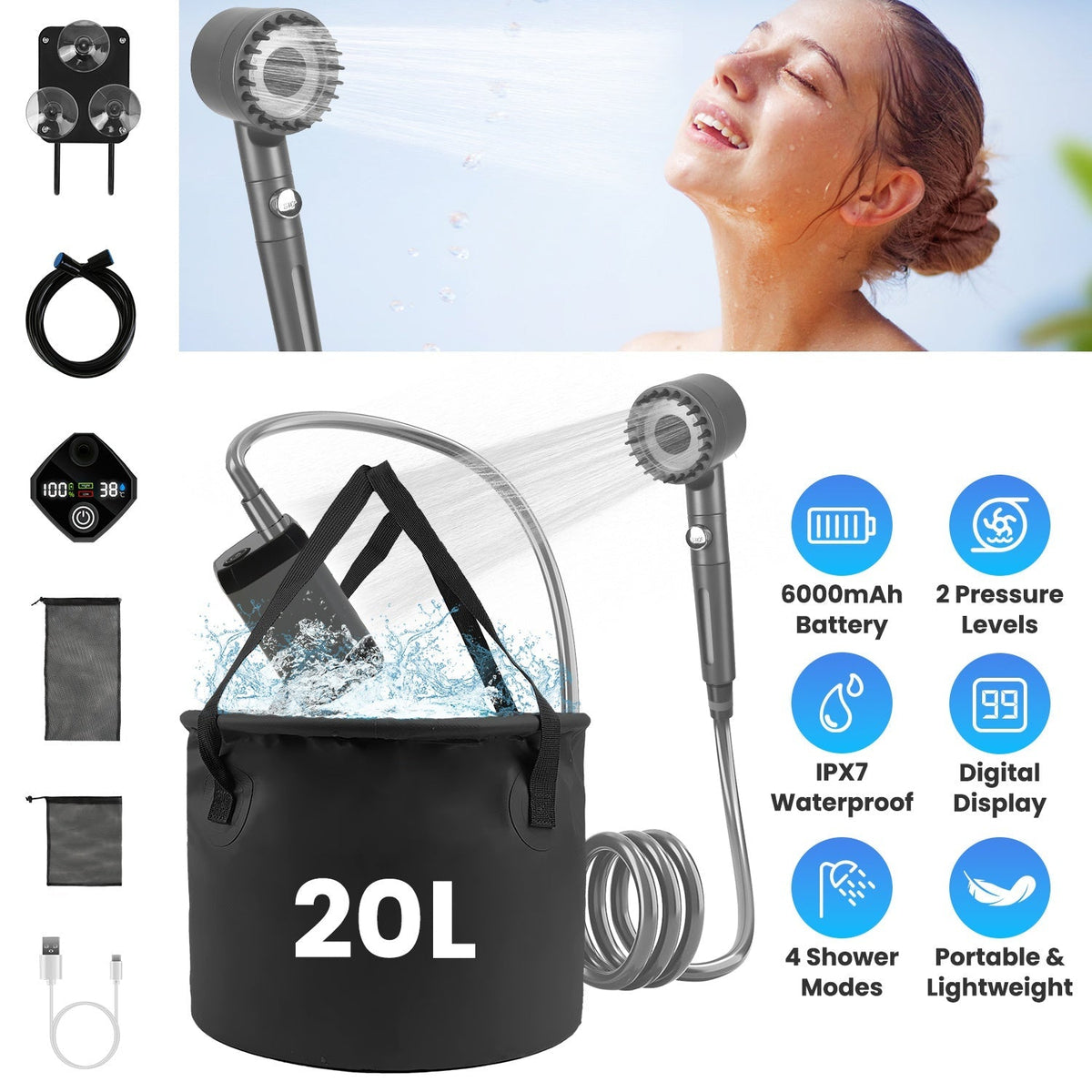 Portable Shower for Camping Include Waterproof Rechargeable Shower Pump