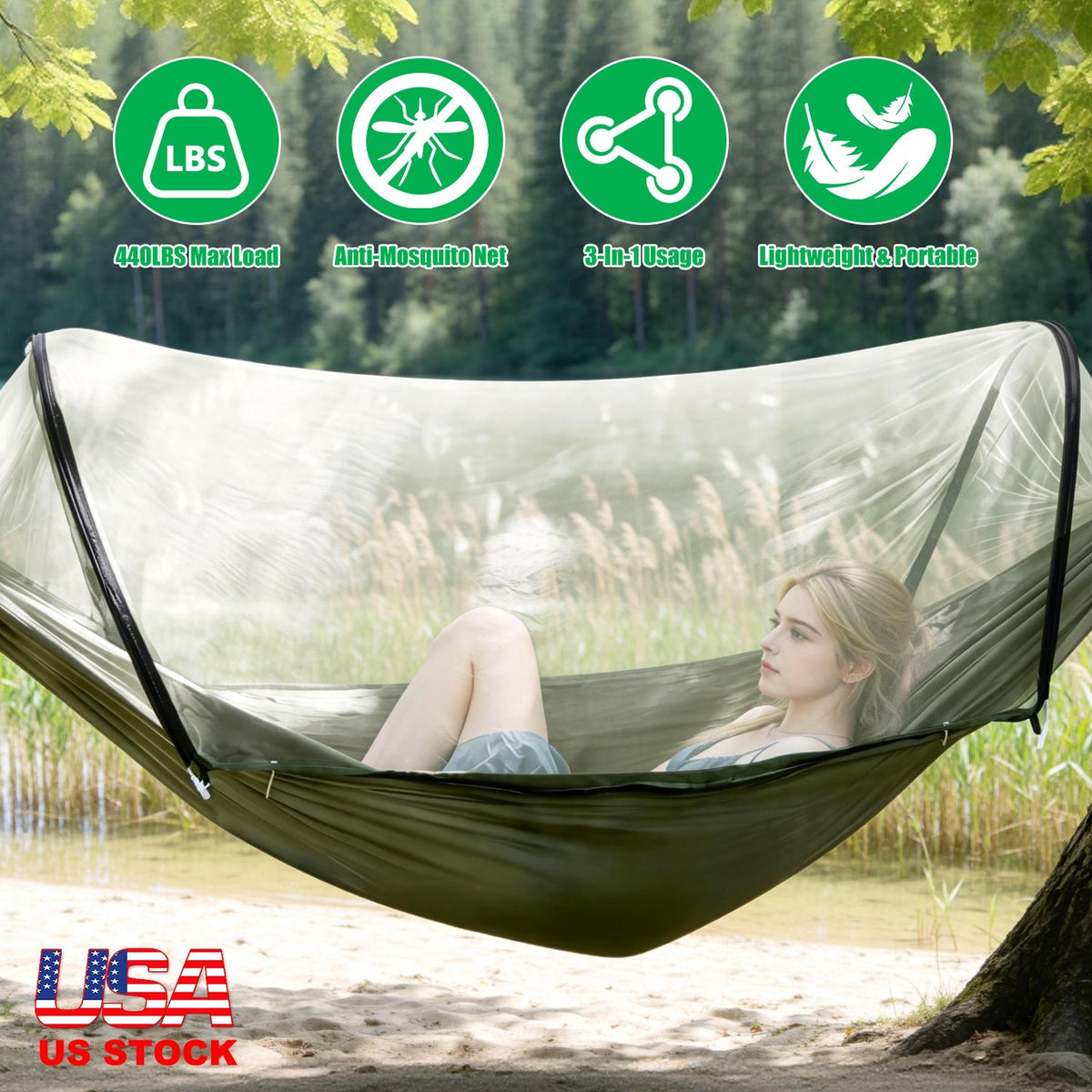 Camping Hammock with Mosquito Net 3-in-1