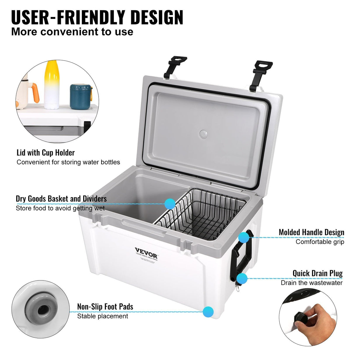 Insulated Portable Cooler, 52 qt, Holds 50 Cans, Ice Retention Hard Cooler with Heavy Duty Handle, Ice Chest Lunch Box for Camping, Beach, Picnic, Travel, Outdoor, Keeps Cool for up to 6 Days
